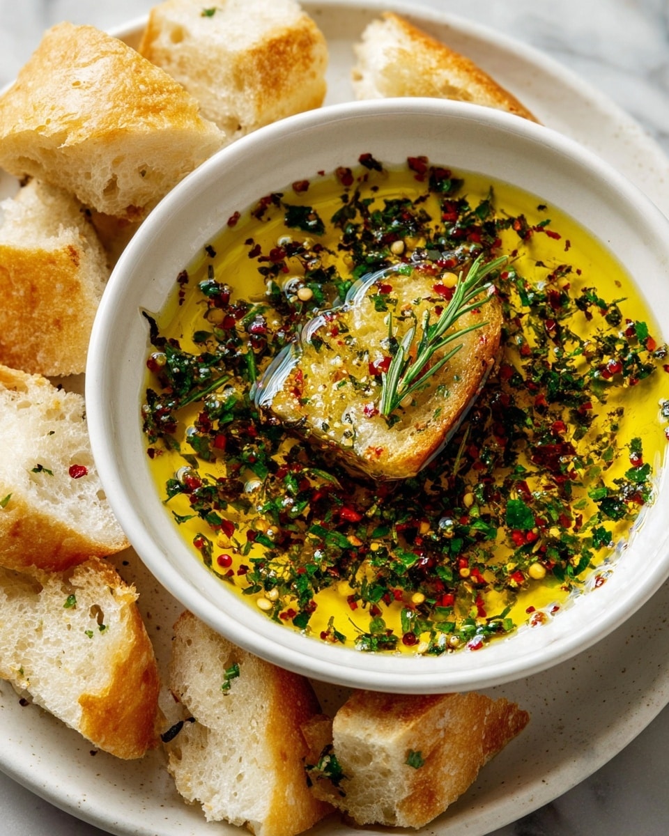 The image shows a white shallow bowl filled with golden olive oil mixed with finely chopped green herbs and red chili flakes, giving a colorful and textured look to the surface of the oil. Floating partially in the oil is a piece of light brown toasted bread topped with a small sprig of rosemary. Surrounding the bowl on a white plate are several pieces of bread with a soft, airy texture and a golden crust. The setting is on a white marbled surface, giving a clean and bright background to the dish. photo taken with an iphone --ar 4:5 --v 7