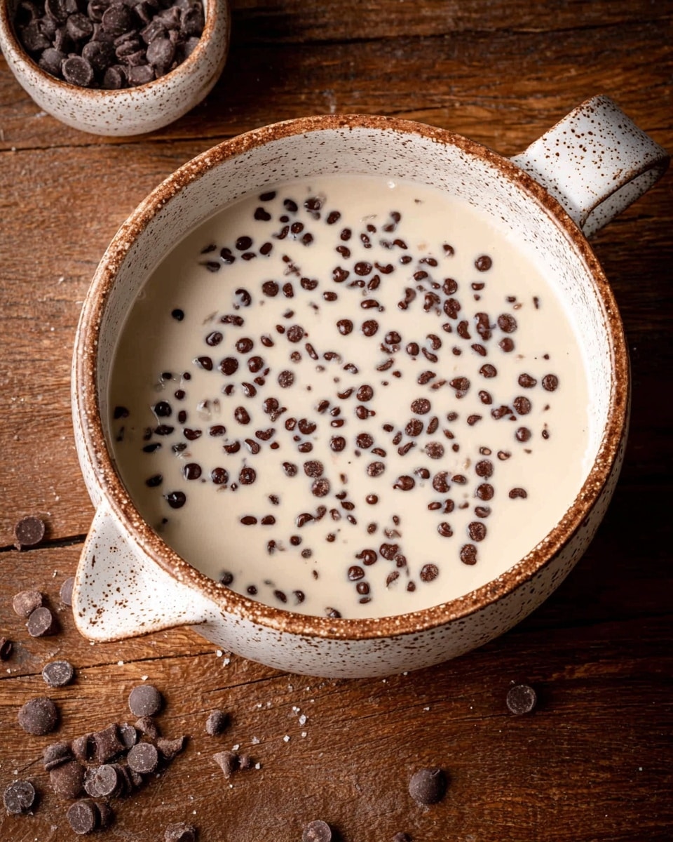 A white speckled bowl with a light brown rim and handle holds a creamy beige liquid filled with many small dark chocolate chips floating evenly on the surface. The bowl is placed on a wooden table with some scattered chocolate chips nearby. photo taken with an iphone --ar 4:5 --v 7
