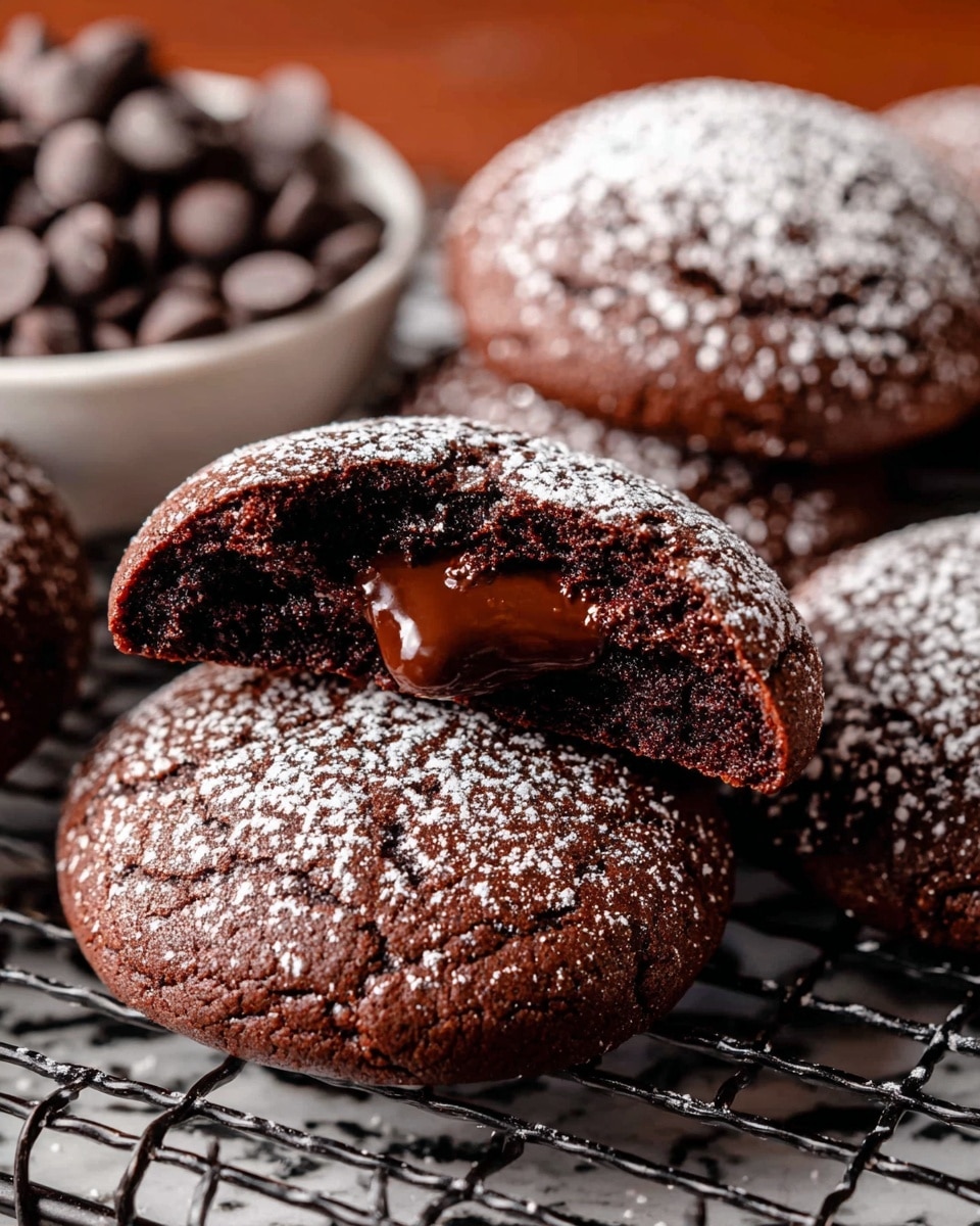 The image shows dark brown chocolate cookies with a soft texture, lightly dusted with white powdered sugar on top. One cookie is broken in half, revealing a shiny, melted dark chocolate center inside. The cookies sit on a black cooling rack placed over a white marbled surface. In the background, there is a white bowl filled with round chocolate chips, slightly out of focus. The lighting highlights the rich chocolate color and powdery sugar detail. photo taken with an iphone --ar 4:5 --v 7