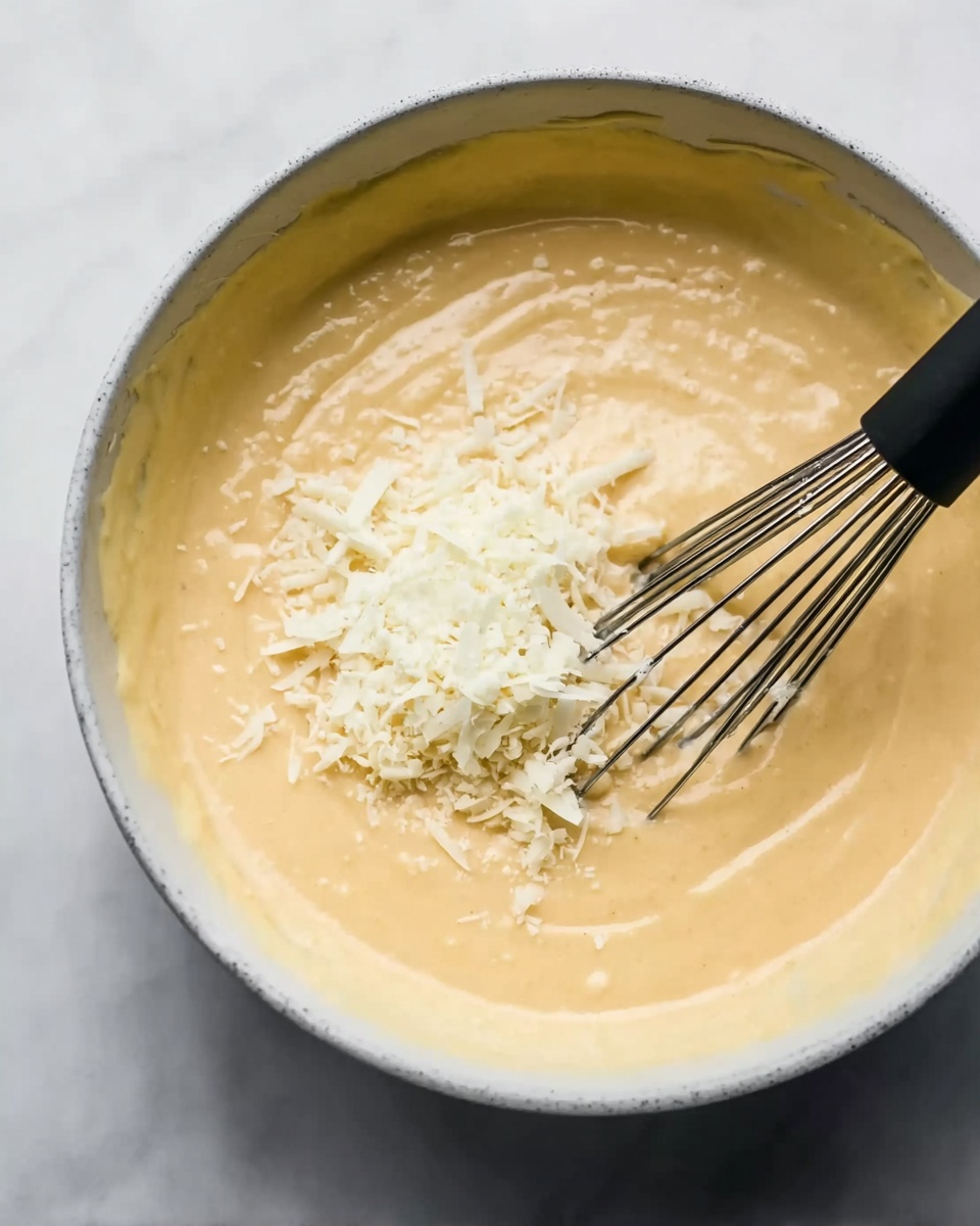 Panera Mac & Cheese Recipe 5 A white bowl filled with thick, smooth pale yellow batter that has a creamy texture. On top of the batter, there is a small pile of white grated cheese. A black whisk with metal prongs is partially dipped into the batter on the right side, stirring the cheese into the mixture. The bowl is set on a white marbled surface. Photo taken with an iphone --ar 4:5 --v 7