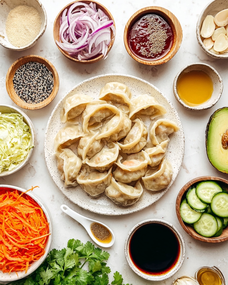 A white speckled plate holds a pile of light beige dumplings with a soft, slightly crinkled texture, arranged in a loose circle in the center. Surrounding the plate, from top left moving clockwise, there is a bunch of fresh cilantro with bright green leaves, a small wooden bowl filled with a black and white seed mix, a small wooden bowl with a dark red sauce, a small white speckled bowl of golden honey, another white speckled bowl with a pale liquid speckled with pepper, a third white speckled bowl holding dark soy sauce, a brown bowl with sliced green cucumbers, a small white bowl filled with light beige almond slices, and two avocado halves revealing smooth green flesh and brown pits at the bottom center. Along the bottom left corner, there's a white bowl filled with shredded orange carrots and pale yellow cabbage, while a small white plate above it holds slices of fresh ginger and garlic. At the top left, thinly sliced purple onions are neatly layered on a small white plate. A small white spoon with ground seasoning rests among the bowls. All items sit on a white marbled surface, photo taken with an iphone --ar 4:5 --v 7