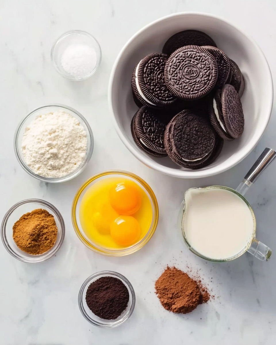 Oreo Tiramisu Recipe 5 A white bowl filled with stacked dark chocolate sandwich cookies is placed on a white marbled surface. Around it are six small clear glass bowls holding different ingredients: a fluffy white powder, a yellow yolk with two egg yolks, a light brown coffee powder, granulated white sugar, dark brown cocoa powder, and a creamy white liquid. All bowls are neatly arranged in a loose circular shape around the white bowl with cookies. The scene is bright and clean with a soft light. photo taken with an iphone --ar 4:5 --v 7