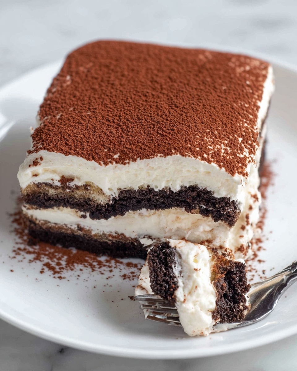 Oreo Tiramisu Recipe 6 A white plate holds a piece of layered dessert with alternating layers of dark chocolate cookie and white creamy filling, stacked about six layers high. The top layer is thick white cream dusted generously with a fine brown cocoa powder that spreads unevenly near the edges. In front of the dessert, a silver fork holds a piece showing the same layers of dark chocolate cookie and white cream. The plate is placed on a white marbled surface. Photo taken with an iphone --ar 4:5 --v 7