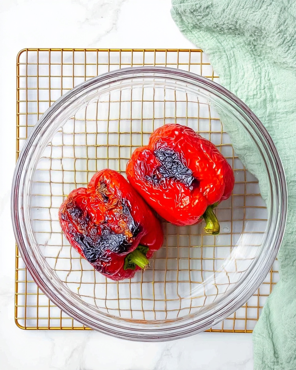 Two bright red roasted bell peppers with black char marks lay side by side in a clear glass bowl. The bowl sits on a wire rack with a gold finish, which is placed on a white marbled surface. In the top right corner, a light green cloth is softly folded and partially visible. The scene is well-lit, showing the shiny, wrinkled texture of the peppers’ skin. photo taken with an iphone --ar 4:5 --v 7