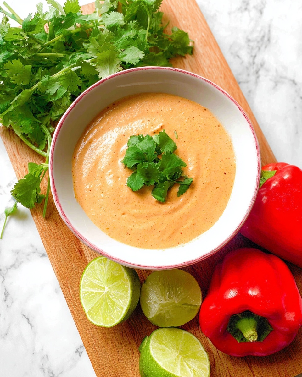 A white bowl with a thin pink rim is filled with a creamy, light orange sauce that has a smooth texture. On top of the sauce, there is a small bunch of fresh green cilantro leaves. The bowl is placed on a wooden board. Around the bowl, there are fresh green cilantro leaves on the left side, a whole red bell pepper and a red bell pepper half with seeds on the right side, and one whole lime along with two lime halves, showing their bright green insides, positioned at the bottom. The setting is on a white marbled surface. photo taken with an iphone --ar 4:5 --v 7