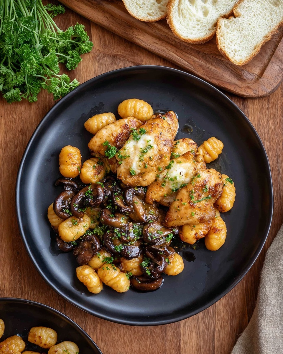 French Onion Gnocchi with Caramelized Onions and Gruyère Recipe 6 A black plate holds a meal with three main layers: on the bottom, there are golden-brown grilled pieces of chicken with a slightly crispy texture; on top of that layer, orange-brown gnocchi pieces with a smooth, soft appearance are scattered; mixed in with the gnocchi are dark brown sautéed mushrooms with a shiny, glossy look. Small green parsley flakes are sprinkled over everything, adding a touch of color. The plate sits on a brown wooden table next to slices of white bread on a wooden board and green parsley sprigs, all photographed from above. photo taken with an iphone --ar 4:5 --v 7