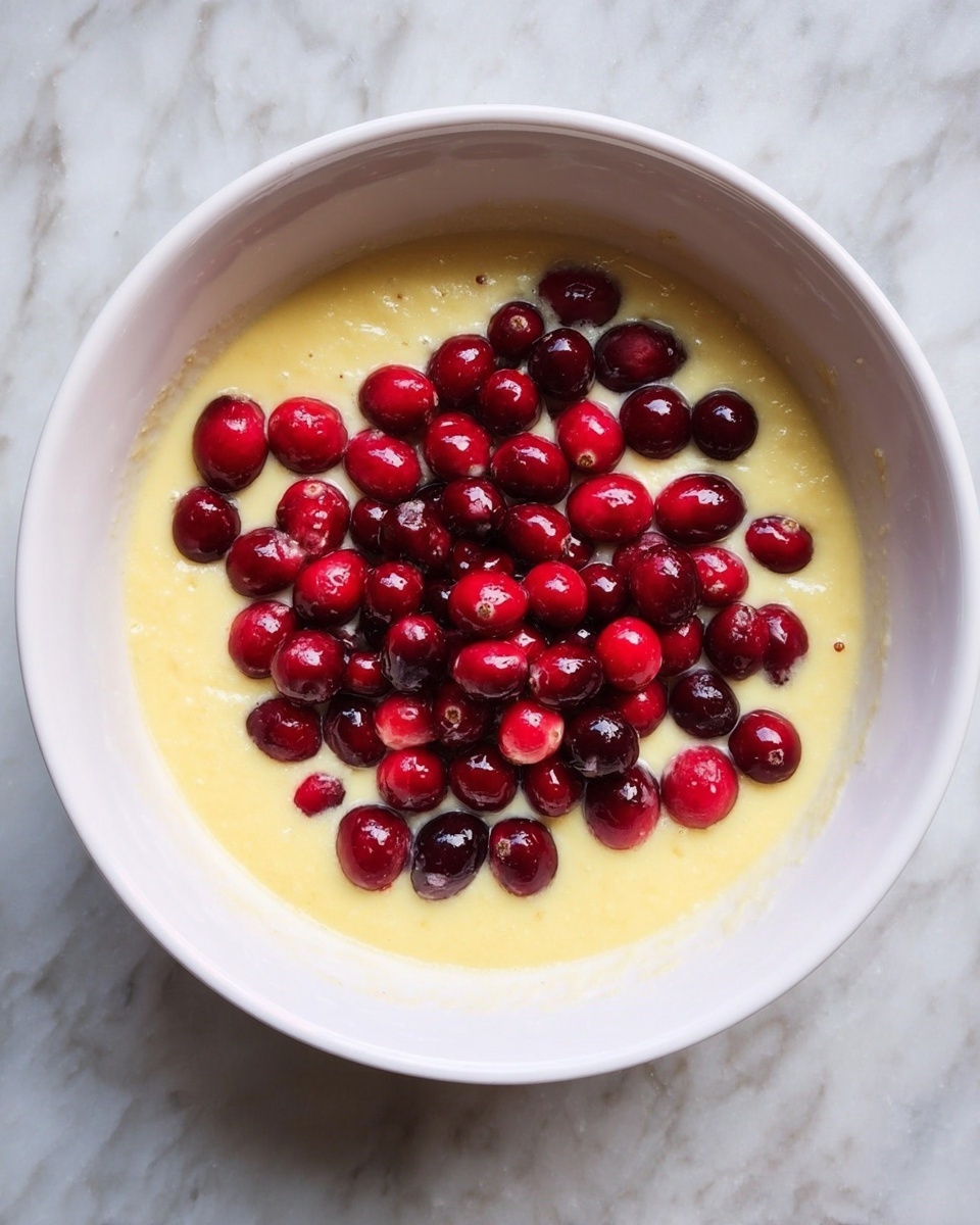 Cranberry Orange Cake with Bright Citrus Glaze Recipe 5 A white bowl filled with a pale yellow batter as the base layer, smooth and thick in texture, with a cluster of fresh, shiny red cranberries scattered on top, creating a bright, glossy contrast. The bowl sits on a white marbled surface. Photo taken with an iphone --ar 4:5 --v 7