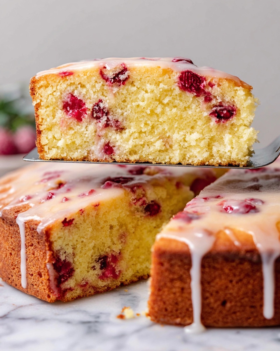 Cranberry Orange Cake with Bright Citrus Glaze Recipe 6 A slice of round cake is held above the rest of the cake by a metal spatula. The cake has two layers: a thick yellow sponge with bright red berries scattered inside, and a light glossy glaze on top that drips down the sides. The cake sits on a white marbled surface with a whole uncut portion beside the slice. The texture of the cake looks soft and moist, while the glaze has a smooth, shiny finish. Photo taken with an iphone --ar 4:5 --v 7