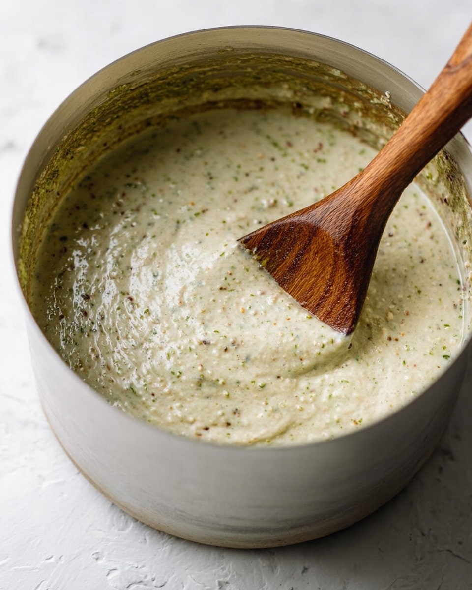 A close-up of a silver metal bowl filled with a thick, light greenish-beige mixture speckled with tiny green and brown bits. A wooden spoon with a darker brown handle is partly dipped in the creamy, slightly textured mixture, lifting some of it. The bowl sits on a white marbled surface. photo taken with an iphone --ar 4:5 --v 7