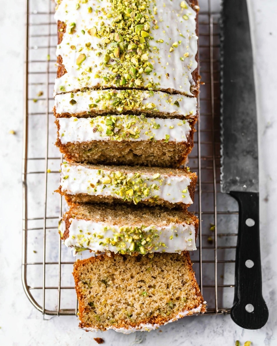 The image shows a loaf cake sliced into six pieces arranged in a line on a metal cooling rack. Each slice has two visible layers: a thick, light brown cake layer with a crumbly texture and a smooth white icing layer on top, sprinkled with crushed green pistachios. The cake’s crust is golden brown and the inside has small flecks of nuts or seeds. A large serrated knife with a black handle rests next to the rack on a white marbled surface. Photo taken with an iphone --ar 4:5 --v 7
