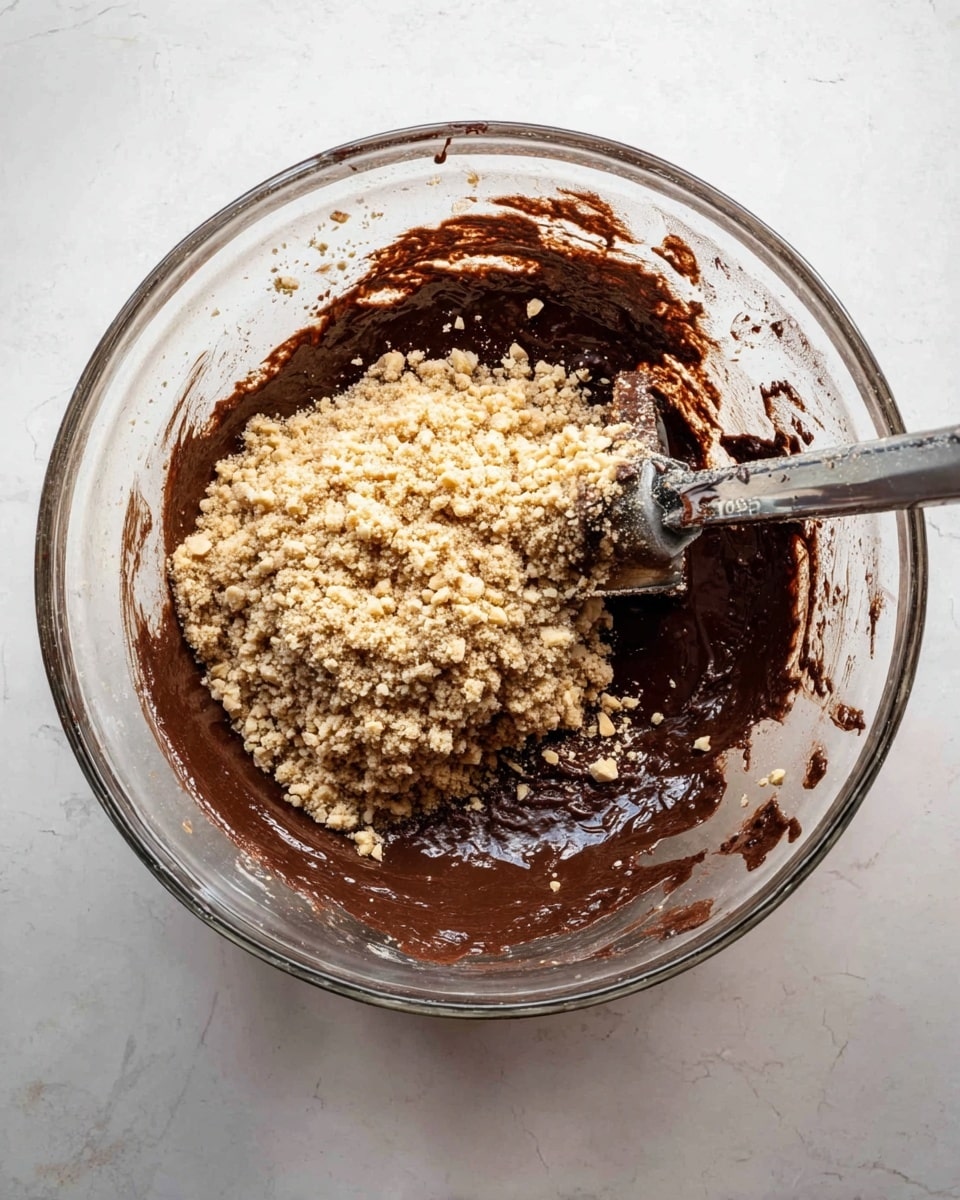 A clear glass mixing bowl holds a thick, dark brown chocolate batter with a slightly shiny texture. On top of the batter, there is a heap of light beige crushed nuts creating a textured, crumbly layer contrasting with the smooth chocolate. Inside the bowl, a metal mixing attachment with some batter clinging to it rests partially submerged in the chocolate layer. The bowl sits on a white marbled surface, showing smudges of chocolate around the rim and inside the bowl. Photo taken with an iphone --ar 4:5 --v 7