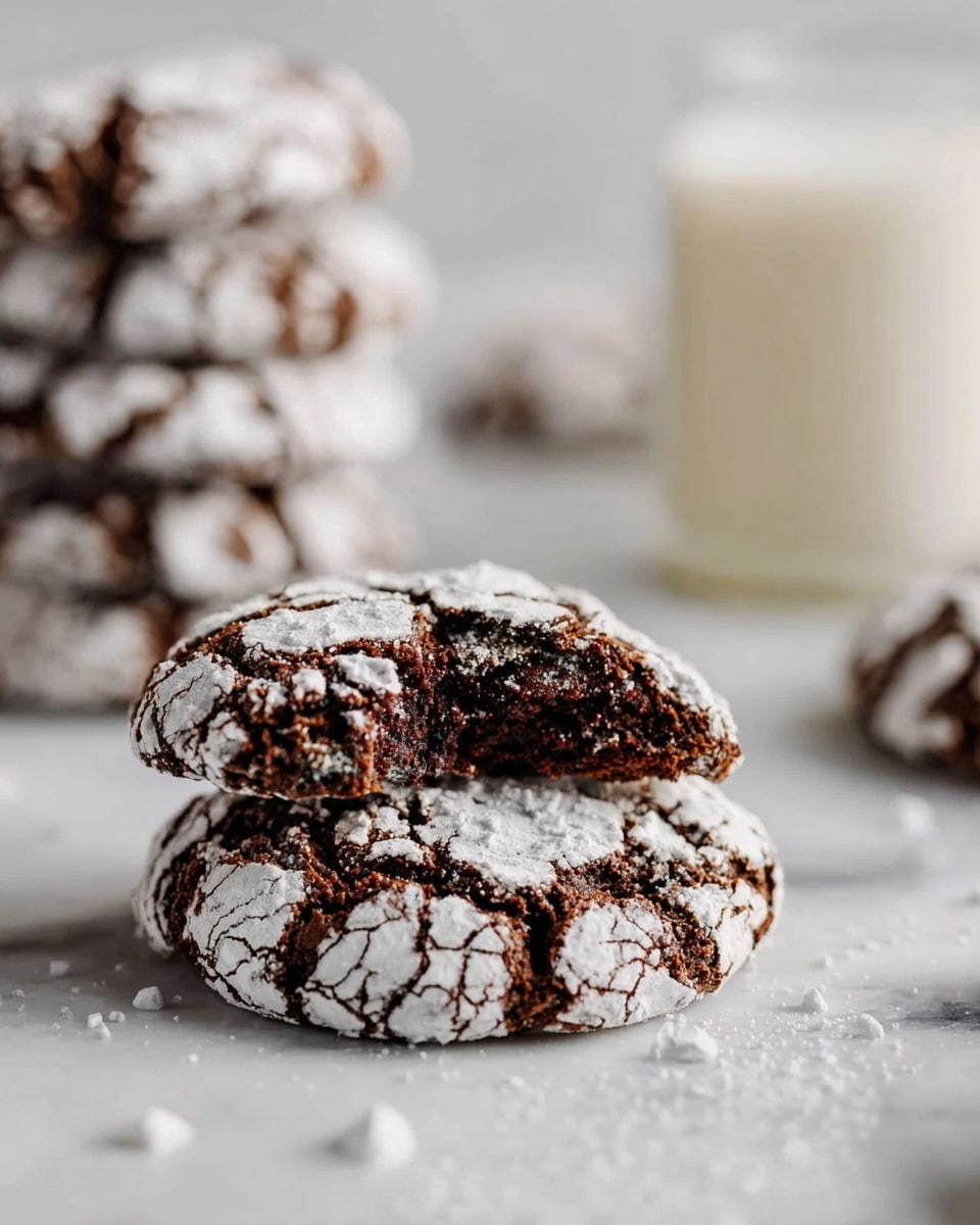 The image shows two cracked chocolate cookies in the front on a white marbled surface. One cookie is whole while the other is bitten and rests on top of the first one, revealing a soft dark brown inside. The cookies have a rough texture with white powdered sugar cracked all over their dark brown surface. In the background, there is a stack of similar cookies blurred out and a clear glass filled with milk. The scene has a clean and simple look, focusing on the texture and contrast between the dark cookies and the white powdered sugar and surface. photo taken with an iphone --ar 4:5 --v 7