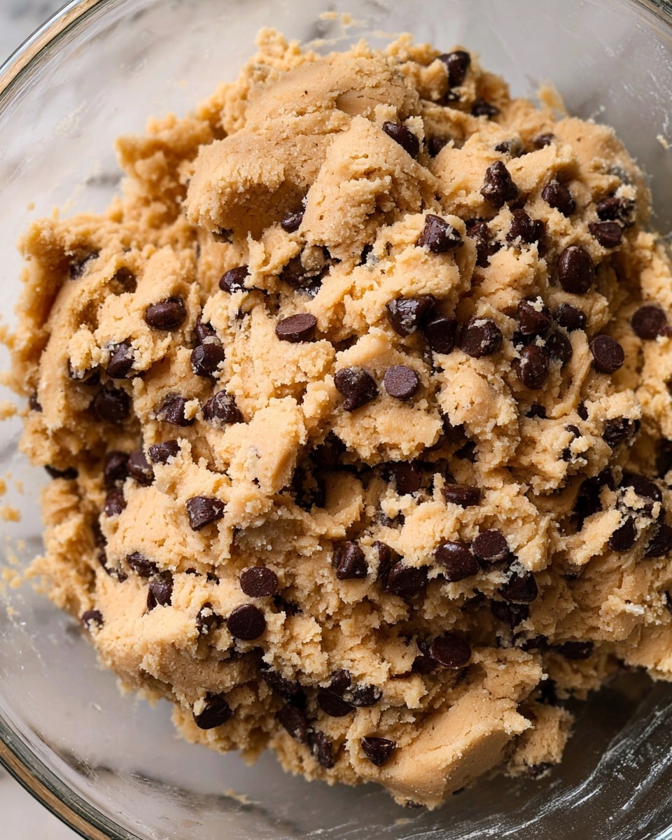 The image shows a close-up of light tan cookie dough with dark brown chocolate chips mixed in. The dough looks soft and slightly crumbly with a rough texture, and the chocolate chips are scattered evenly throughout. The dough fills most of a clear glass bowl. The background is a white marbled surface. Photo taken with an iphone --ar 4:5 --v 7