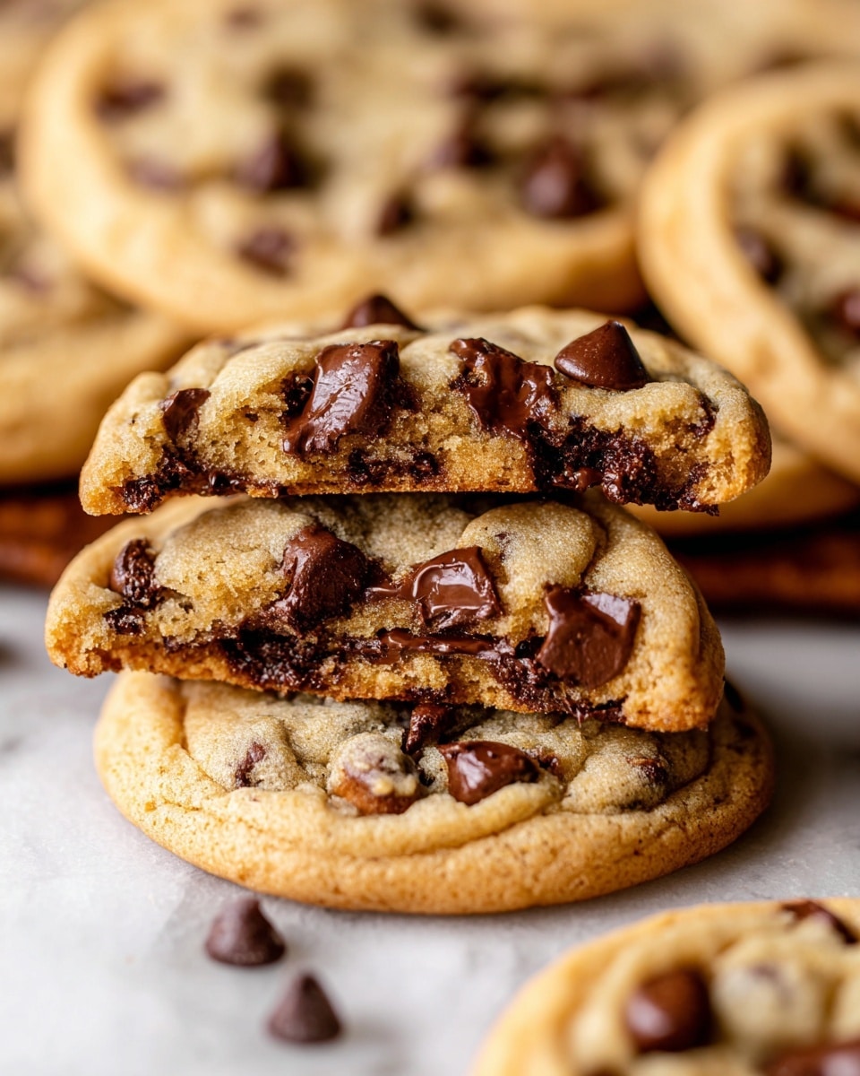 The image shows a close-up view of chocolate chip cookies stacked on a white marbled surface. There is one cookie broken in half, positioned horizontally in the center, showing a soft, chewy texture with melted dark brown chocolate chips inside. The top and bottom cookie layers are light golden brown and have visible chocolate chips scattered on the surface, which are shiny and slightly melted. Other whole cookies are blurred in the background, showing the same golden color and dark chocolate details. The warm cookies fill most of the frame, giving a fresh, homemade look. Photo taken with an iphone --ar 4:5 --v 7