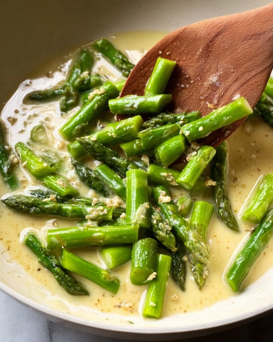 The image shows bright green asparagus pieces being cooked in a creamy light yellow sauce inside a white bowl. A wooden spatula is lifting some of the asparagus, which looks fresh and slightly shiny from the cooking sauce. Tiny bits of garlic or seasoning are sprinkled across the sauce, adding texture to the smooth surface. The background is a white marbled texture. photo taken with an iphone --ar 4:5 --v 7
