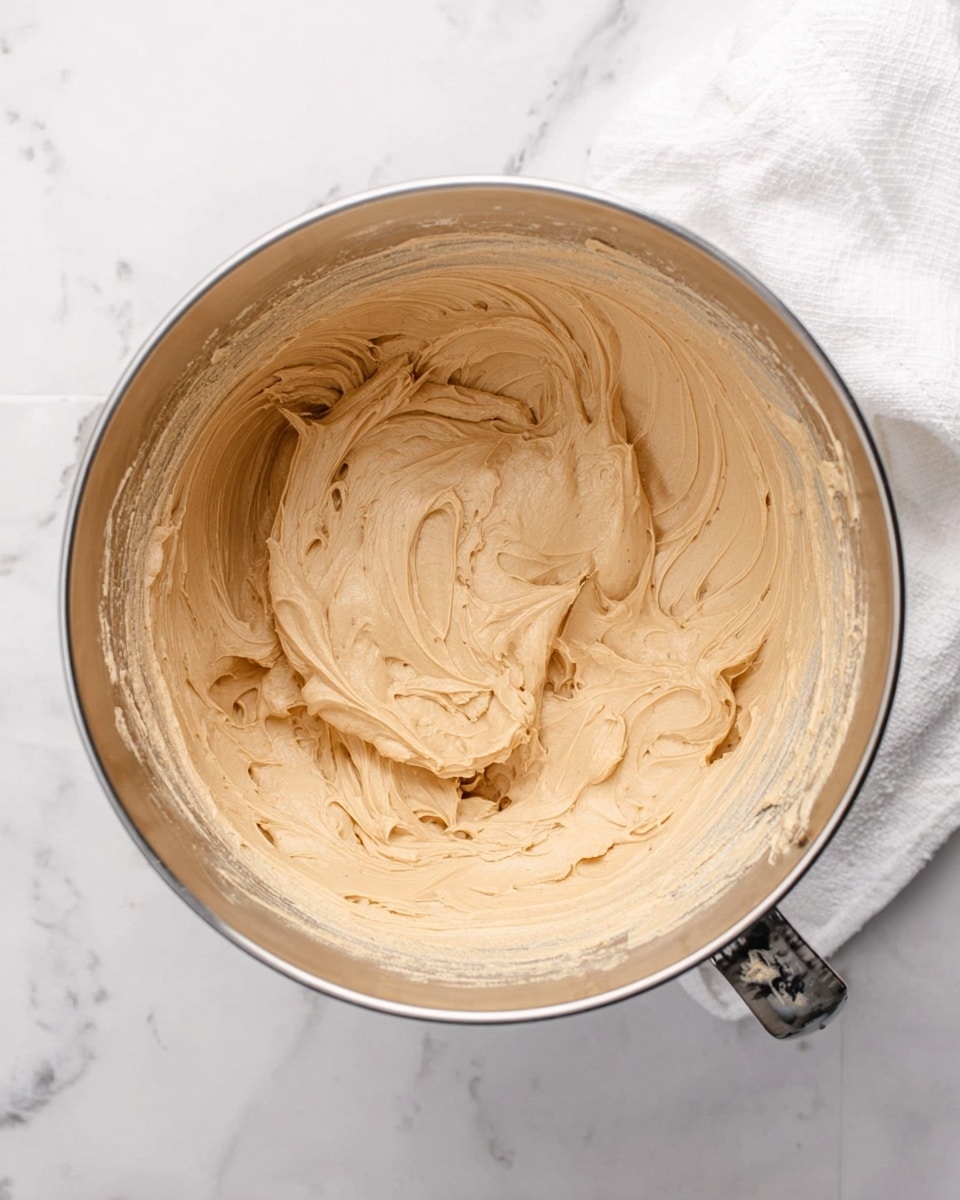A large silver mixing bowl filled with light brown creamy frosting with soft, smooth, swirled peaks and ridges on top, showing a fluffy texture. The bowl is set on a white marbled surface with a white cloth partially visible on the top right corner. The frosting is spread evenly inside the bowl, with some residue on the sides, giving it a rich and thick look. photo taken with an iphone --ar 4:5 --v 7