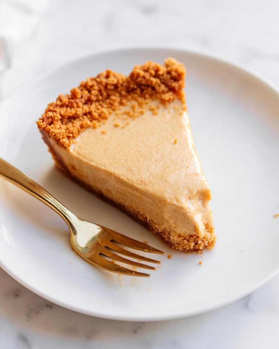 A single slice of creamy light brown pie with a smooth top layer sits on a white plate, showing a crumbly golden brown crust around the edges and sprinkled on the surface. The crust looks crunchy and uneven, adding texture. A shiny golden fork lies next to the slice on the plate. The background is a white marbled texture. photo taken with an iphone --ar 4:5 --v 7