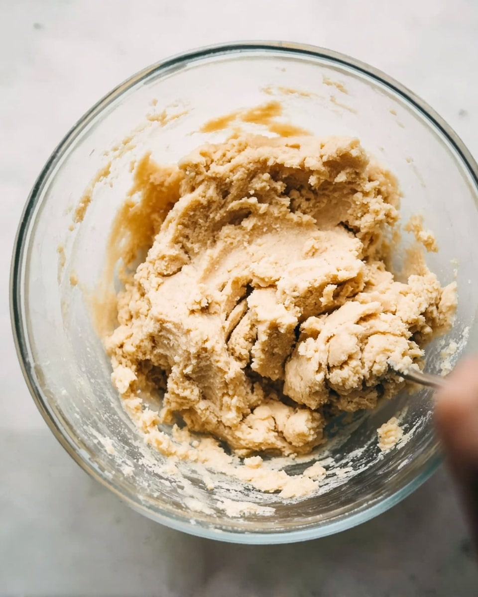The image shows a close-up of creamy light beige cookie dough inside a clear glass bowl. The dough has a soft, slightly uneven texture with visible small lumps. The bowl sits on a white marbled surface. A woman's hand is partially visible, about to scoop the dough. Photo taken with an iphone --ar 4:5 --v 7