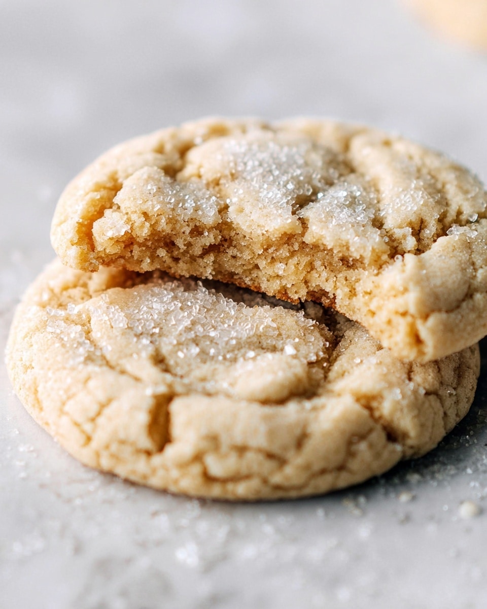Two beige cookies with a soft, cracked surface lie on a white marbled surface. The cookie in front has a bite taken out of it, revealing a slightly crumbly, dense texture inside. Both cookies are topped with coarse, sparkling sugar crystals, which add a shiny, rough layer on top. The focus is sharp on the front cookie's top and bite area, while the cookie in the background is softly blurred, giving depth to the image. photo taken with an iphone --ar 4:5 --v 7