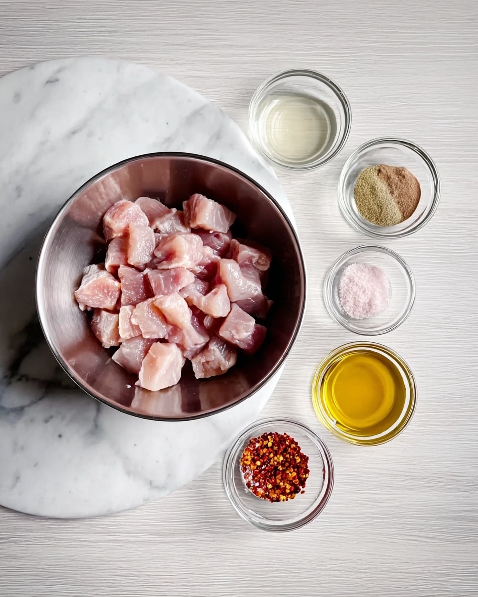 The image shows a silver metal bowl filled with raw, cubed pinkish meat placed on a white marbled surface. To the right of the bowl are five clear small glass bowls arranged in a loose vertical line, each holding different seasonings: clear liquid, light brown powder, pale yellow liquid, a split bowl with pink salt and black pepper, and red chili flakes. The scene is simple and clean. photo taken with an iphone --ar 4:5 --v 7