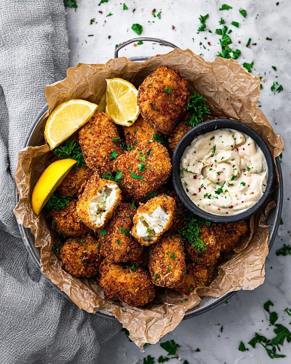 A round metal basket lined with crumpled brown paper holds a pile of golden-brown, crunchy chicken nuggets sprinkled with chopped green herbs. Two lemon wedges with bright yellow skin rest on top of the nuggets near the center. One nugget is broken in half, showing white, cooked inside meat contrasted with the crisp outside coating. On the right side inside the basket, there is a small black bowl filled with thick, creamy dipping sauce dotted with green herbs and small red bits. The basket sits on a white marbled surface scattered with small pieces of chopped green herbs. A soft grey cloth lies to the left of the basket. Photo taken with an iphone --ar 4:5 --v 7