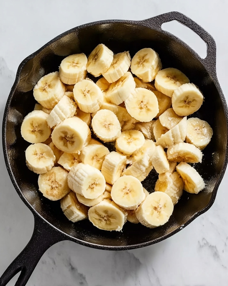 A black cast iron pan filled with many thick, short slices of peeled banana, arranged in a scattered way inside the pan. The bananas are light yellow with a soft texture visible on each slice, and the pan is placed on a white marbled surface. Photo taken with an iphone --ar 4:5 --v 7