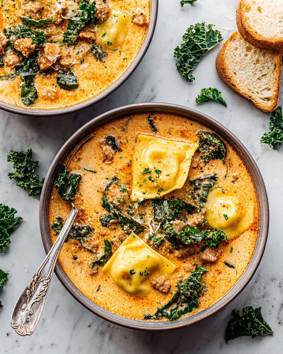 Two bowls of creamy orange soup sit on a white marbled surface, filled with three large yellow ravioli pieces on top, mixed with chopped green kale and small brown meat chunks. The soup base looks rich and slightly oily, with visible spices and herbs floating around. A silver spoon with an ornate handle rests inside the nearest bowl, partly soaked in the soup showing its thick texture. Around the bowls, scattered pieces of kale leaves and a few slices of toasted crusty white bread add a fresh and crunchy contrast to the creamy soup. photo taken with an iphone --ar 4:5 --v 7