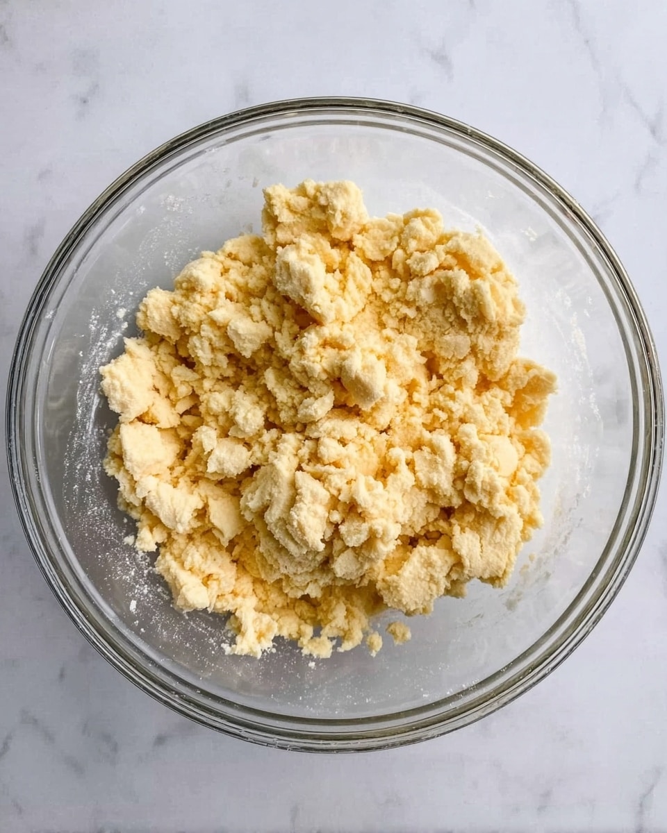 A clear glass bowl sits on a white marbled surface, filled with a crumbly pale yellow dough. The dough is uneven and chunky, with small clumps loosely gathered together, showing a rough texture. The bowl is fully visible from above, and no other items are in the frame. photo taken with an iphone --ar 4:5 --v 7
