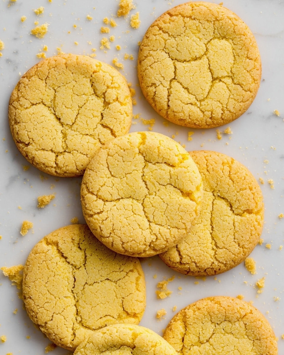 The image shows seven round, yellowish cookies with a cracked surface. Each cookie is thick with a rough texture and some small crumbs around them on a white marbled surface. The cookies are evenly spaced, with some slight overlapping at the edges. Photo taken with an iphone --ar 4:5 --v 7