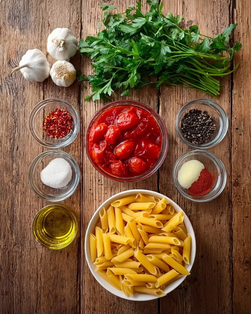 The image shows ingredients neatly arranged on a wooden table with a bunch of fresh green parsley at the top. Below the parsley are two garlic cloves. Surrounding the middle are small clear glass bowls containing red chili flakes, black peppercorns, olive oil, chili powder, salt, and sugar. In the center, a white bowl filled with whole peeled tomatoes in red sauce is visible. At the bottom, a white bowl holds uncooked yellow penne pasta. Photo taken with an iphone --ar 4:5 --v 7