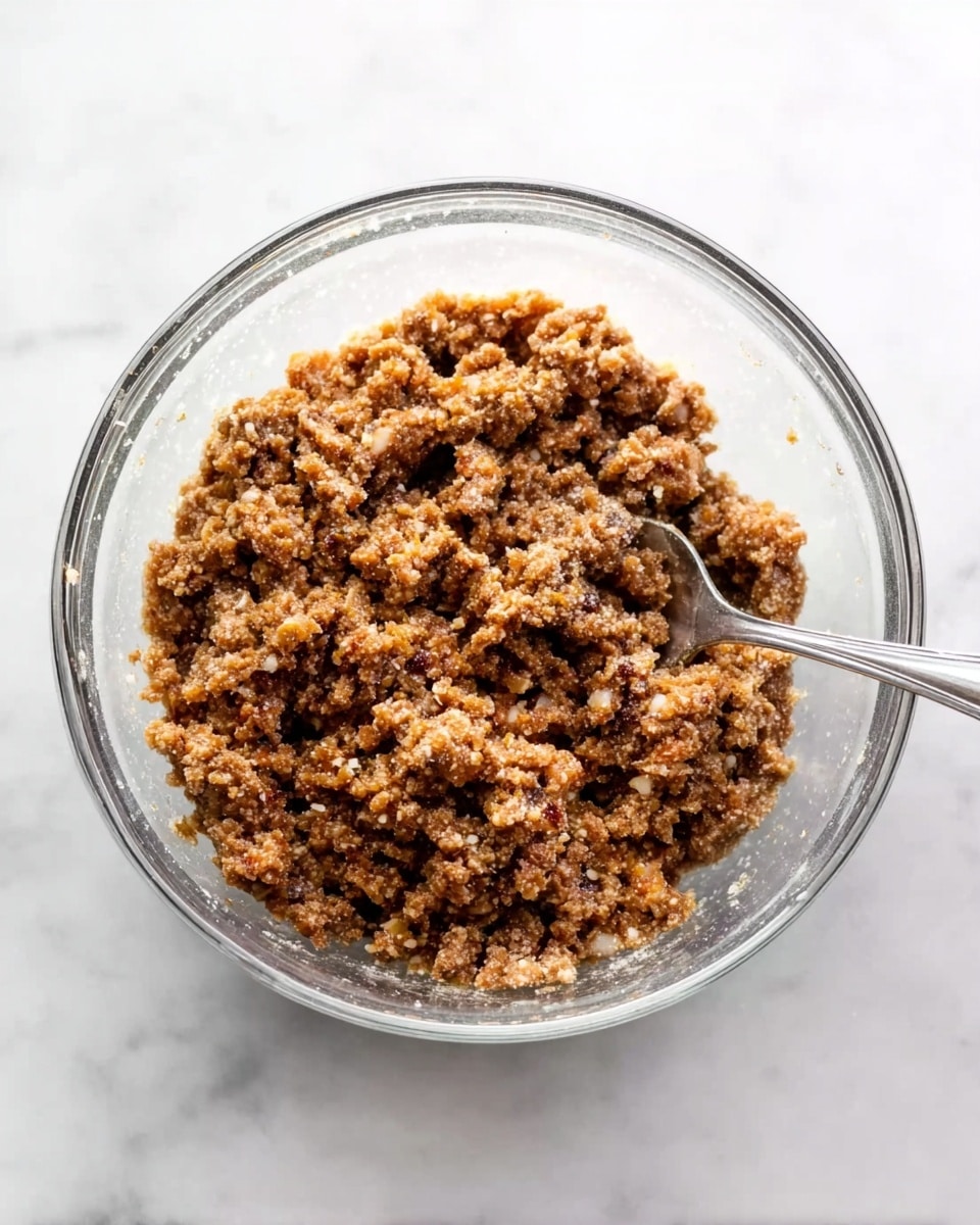 A clear glass bowl sits on a white marbled surface, filled with a chunky mixture of cooked ground meat and spices. The mixture has a crumbly texture with bits of browned meat and small flecks of seasoning, showing colors of light and dark brown with hints of white from fat or seasoning. A silver spoon rests partially inside the bowl, mixing the meat. The scene is bright with natural light showing the details and texture of the meat mixture. photo taken with an iphone --ar 4:5 --v 7