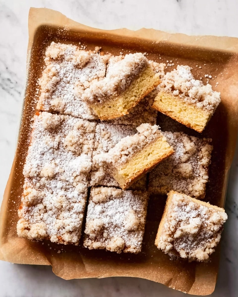The image shows a rectangular tray lined with brown parchment paper, holding a large batch of crumb-topped bars. The batch is cut into square pieces, with several squares separated from the main block and turned to show a soft, golden-yellow cake layer beneath a thick, crumbly, light brown topping dusted with white powdered sugar. The crumb topping has a rough texture with small chunks, and the scattered sugar on top adds a delicate, snowy look. The tray sits on a white marbled surface. photo taken with an iphone --ar 4:5 --v 7