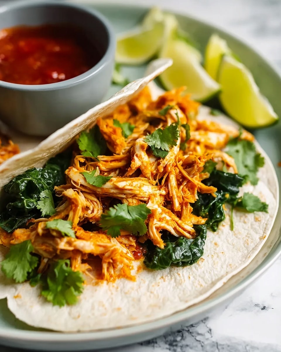 The dish shows a white soft tortilla laid open on a white plate with a white marbled surface underneath. The tortilla is filled with three layers: a base of green leafy lettuce, topped by shredded orange-yellow cooked chicken, and scattered fresh bright green cilantro leaves on top. A small grey bowl of red sauce sits at the top edge of the plate, with some lime wedges blurred in the background. The texture of the chicken is fibrous and juicy, with a mix of dark and light orange shades. Photo taken with an iphone --ar 4:5 --v 7