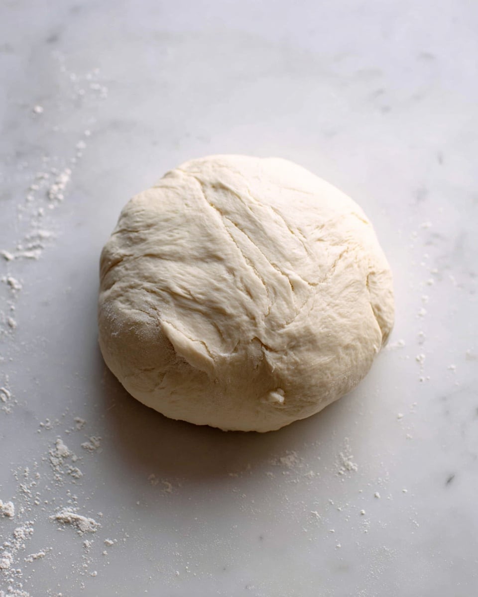 A single round ball of pale dough with a smooth but slightly cracked surface sits on a white marbled texture. The dough looks soft and thick, with visible folds and creases showing it has been shaped by hand. There are small bits of flour scattered lightly around the dough ball on the surface. Photo taken with an iphone --ar 4:5 --v 7