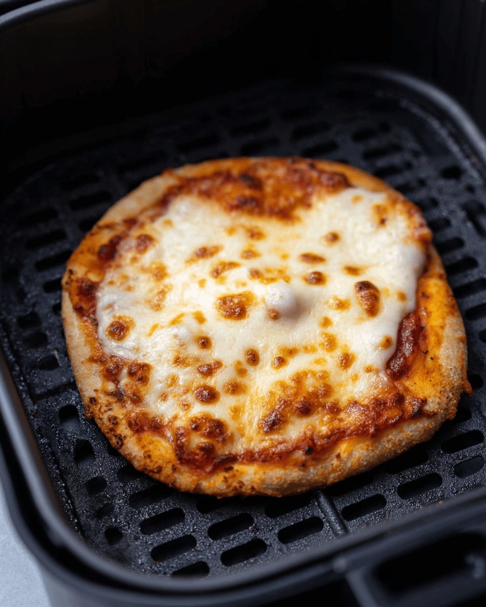 A small pizza with one visible layer is shown inside a black air fryer basket with a mesh bottom. The pizza crust is light golden brown and slightly uneven, with a rough, baked texture around the edges. The top layer is melted cheese that is mostly white with patches of golden brown where it has cooked more, showing a smooth, bubbly texture with some crispier spots. The background and surface outside the air fryer are not clearly visible. photo taken with an iphone --ar 4:5 --v 7