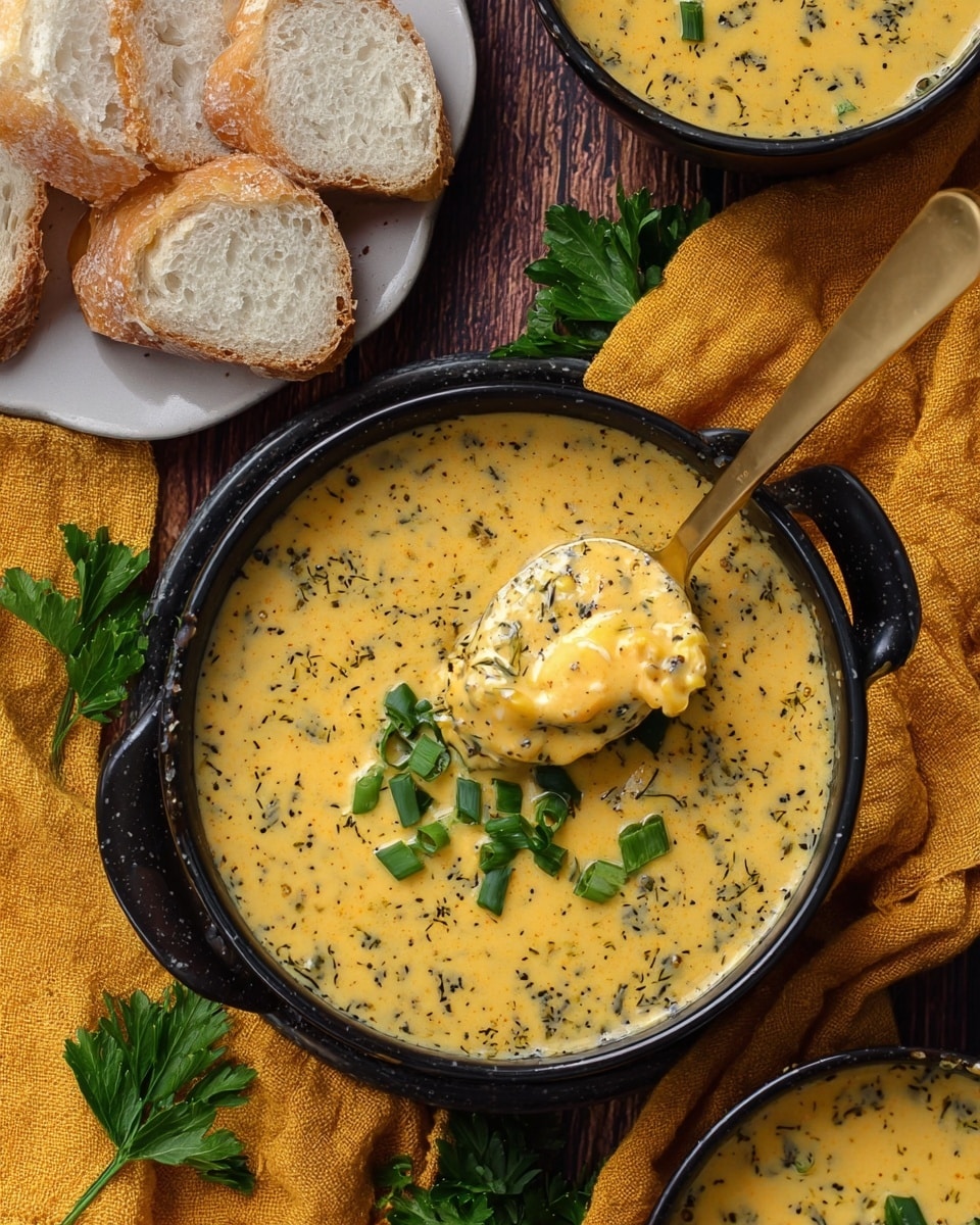 The image shows a black bowl filled with creamy yellow soup speckled with black herbs, topped with chopped green onions. A gold spoon rests inside the bowl, scooping up some thick soup with chunks. Around the bowl, there are pieces of crusty bread on a white plate to the left and a few slices scattered on a soft yellow cloth below the bowl. Fresh parsley sprigs are placed near the cloth, and the entire set-up is on a brown wooden surface. Another black bowl with similar soup and garnish is partially visible on the top right. Photo taken with an iphone --ar 4:5 --v 7