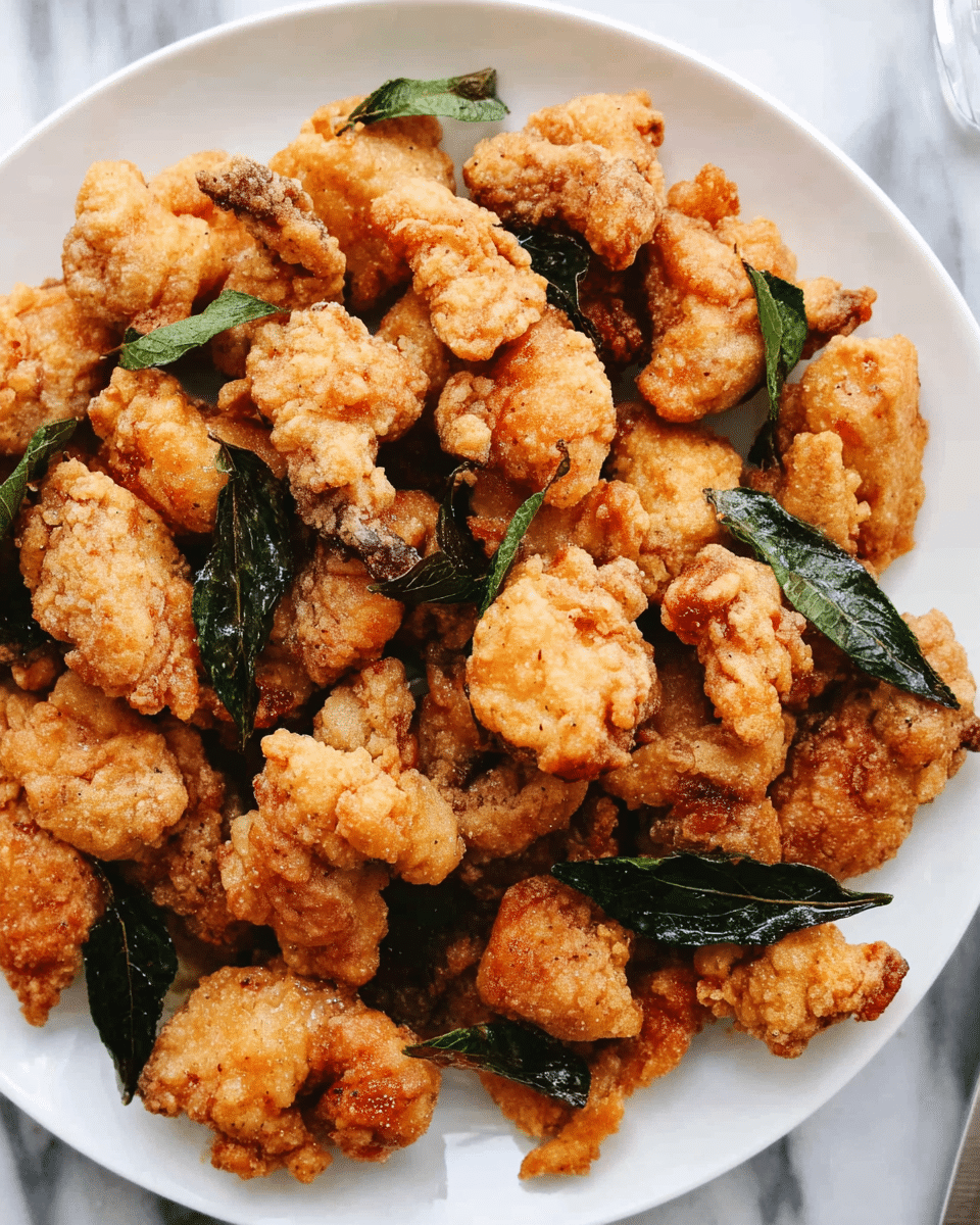 A white plate is filled with many pieces of golden brown fried chicken bites that have a light, crispy texture and some rough, small bumps on the surface. Mixed in with the chicken pieces are dark green, slightly wrinkled fried leaves, evenly spread around. The background is a white marbled texture. photo taken with an iphone --ar 4:5 --v 7
