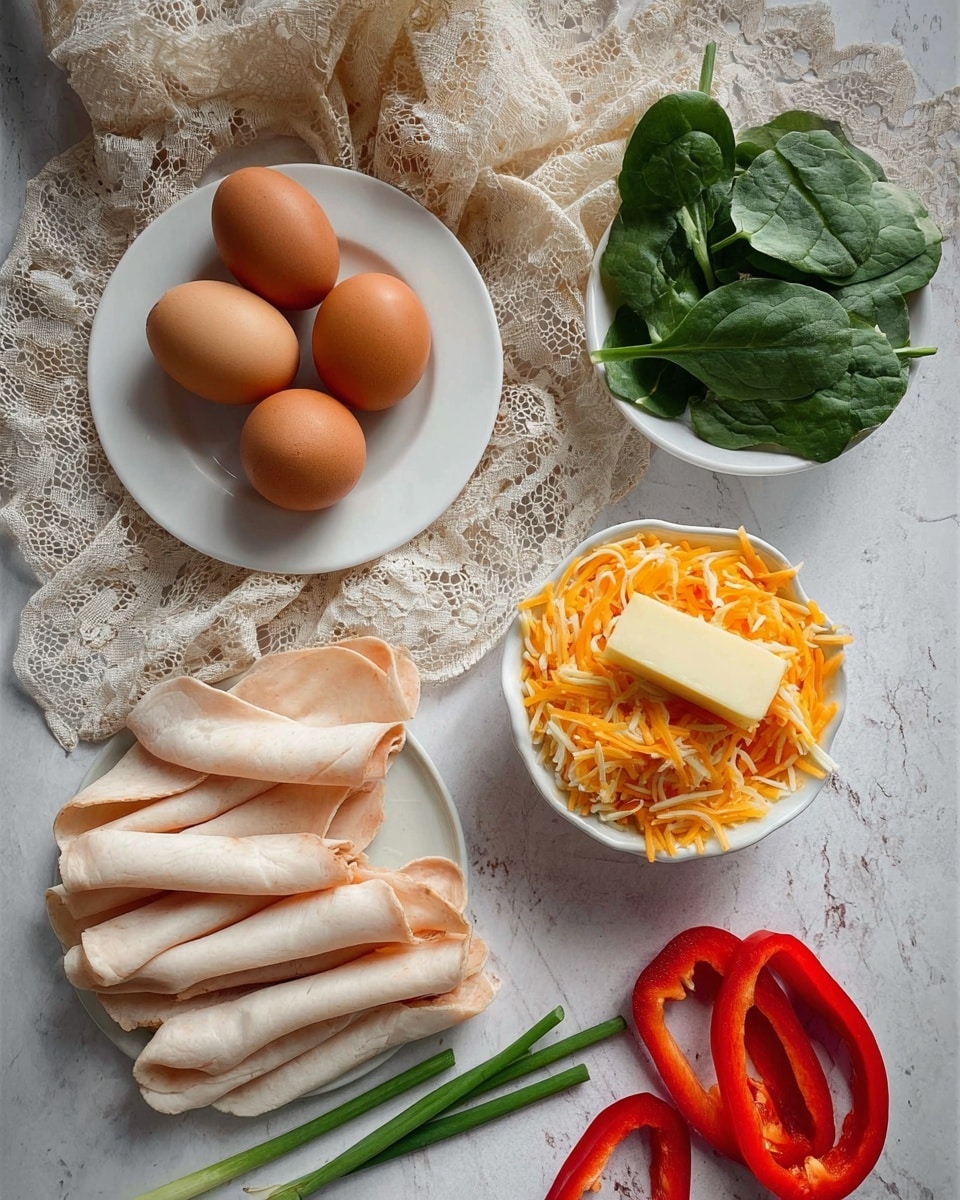 The image shows a white plate on a white marbled surface with several thin, pale slices of deli meat neatly stacked and some rolled, placed in the bottom left corner. Above it, there are seven brown eggs resting on a beige cloth with lace edges. To the right of the eggs and plate, there is a small white bowl filled with shredded orange and white cheese, topped with a small block of the same cheese. Near the cheese bowl, fresh green spinach leaves are arranged in a small pile. On the surface, two halves of a red bell pepper are placed opposite each other, one on the bottom right and the other on the mid-left near some green chives. The colors and textures of the items contrast softly against the white marbled background. photo taken with an iphone --ar 4:5 --v 7