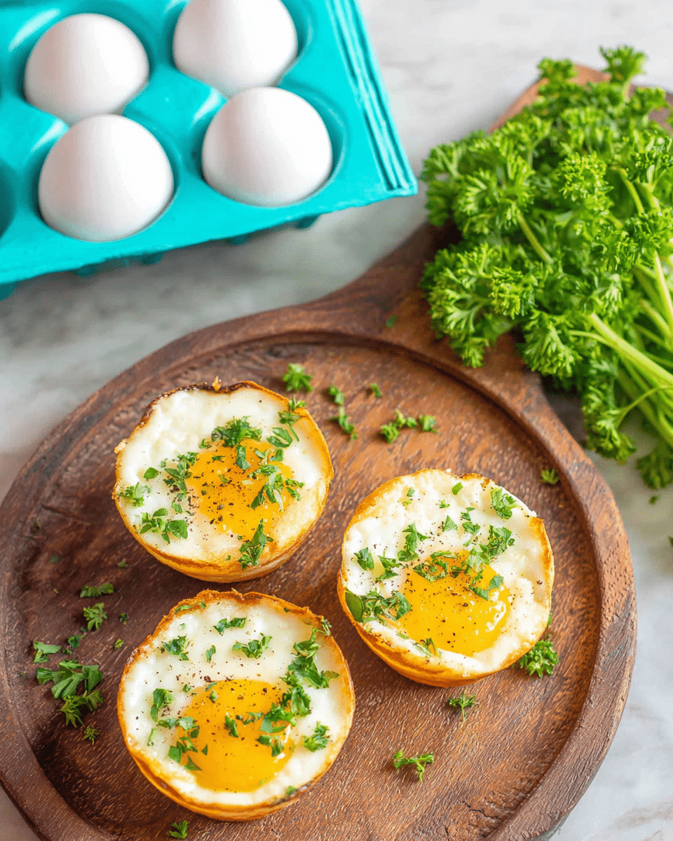 Three baked egg cups sit on a round wooden board; each cup has a golden brown, slightly crispy edge with a white cooked egg white layer inside, topped with bright yellow yolk and sprinkled with chopped fresh green parsley and black pepper. To the upper left of the board, a turquoise egg carton with four whole white eggs is visible. To the right, there is a bunch of curly fresh green parsley on a white marbled surface photo taken with an iphone --ar 4:5 --v 7