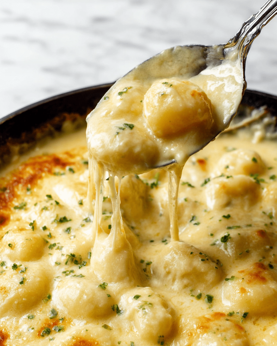 The image shows a close-up of a creamy, cheesy dish with several small, round gnocchi pieces covered in a thick, smooth cheese sauce that has a light golden color. The cheese sauce seems stretchy, pulling away from the skillet with thin, stringy strands. The dish is sprinkled lightly with small bits of green herbs, adding tiny flecks of color across the surface. The skillet holding the dish is visible at the edge, and a shiny metal spoon is lifting a spoonful of the gnocchi and sauce, showcasing the rich, melted texture of the cheese. The background is a white marbled surface. photo taken with an iphone --ar 4:5 --v 7