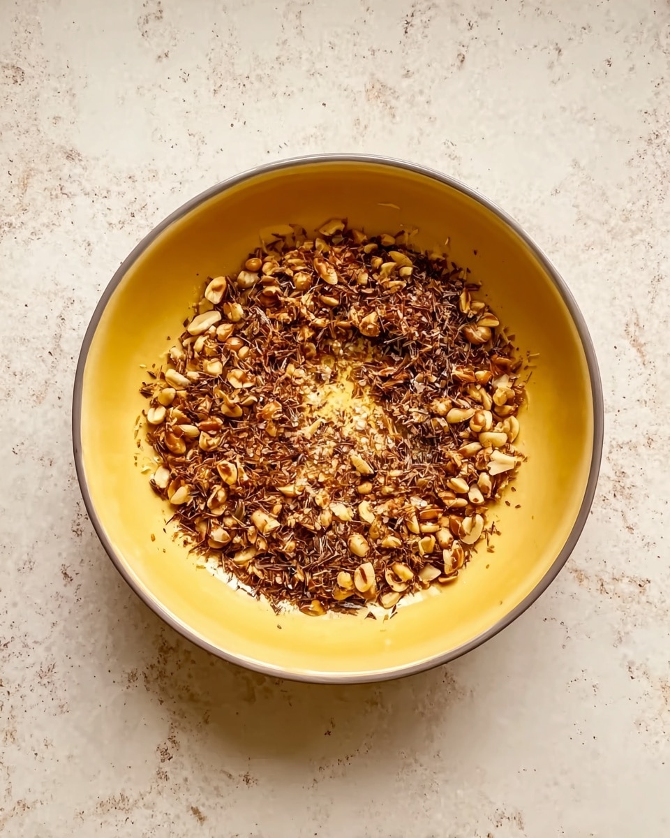 A yellow bowl on a white marbled surface holds a single layer of a nut mixture. The nuts are light brown and round, mixed with darker brown shredded pieces spread unevenly across the bowl, creating a textured and crunchy look. The bowl has a thin gray rim, and the nuts form a loose circle shape in the center. Photo taken with an iphone --ar 4:5 --v 7