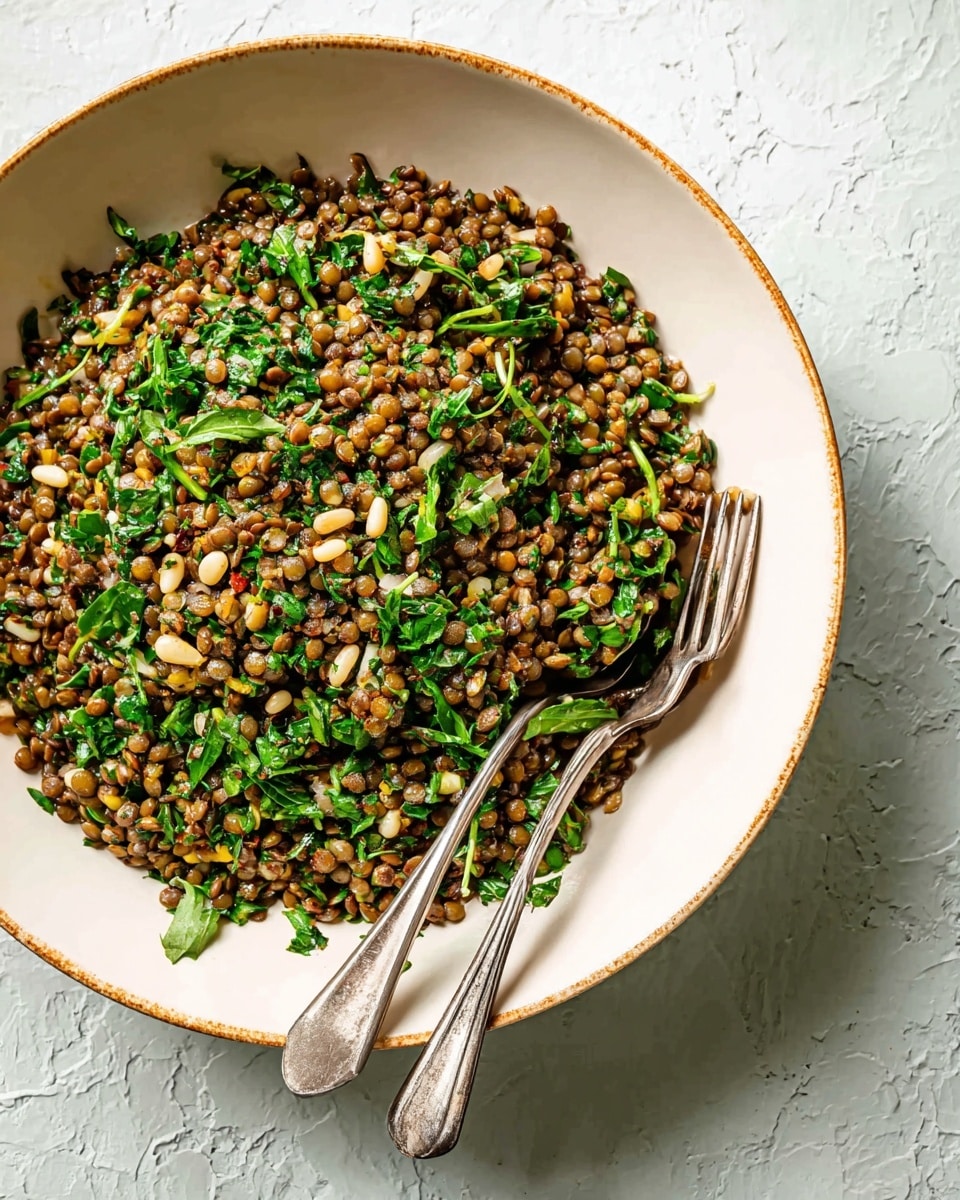 A large white bowl filled with a mix of small green lentils, white pine nuts, and fresh green herbs scattered throughout, all coated in a light dressing giving a slight shine. Two silver forks lie partially inside the bowl on the right side, resting on the lentil mixture. The white bowl sits on a white marbled textured surface that adds a clean, soft contrast to the dish. photo taken with an iphone --ar 4:5 --v 7