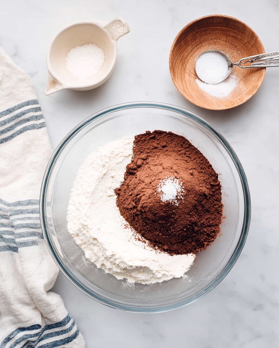 A clear glass bowl sits at the center on a white marbled surface, filled with three layers of dry ingredients: a large portion of white flour on the bottom right, a heap of brown cocoa powder covering the upper left side, and a small spot of white salt near the middle on top of the cocoa. Above this bowl are two small white containers; one is a shallow wooden bowl with some white powder residue, and the other is a small white ceramic cup with a small metal measuring spoon inside. The background includes a folded white cloth with blue-gray stripes on the left side. Photo taken with an iphone --ar 4:5 --v 7