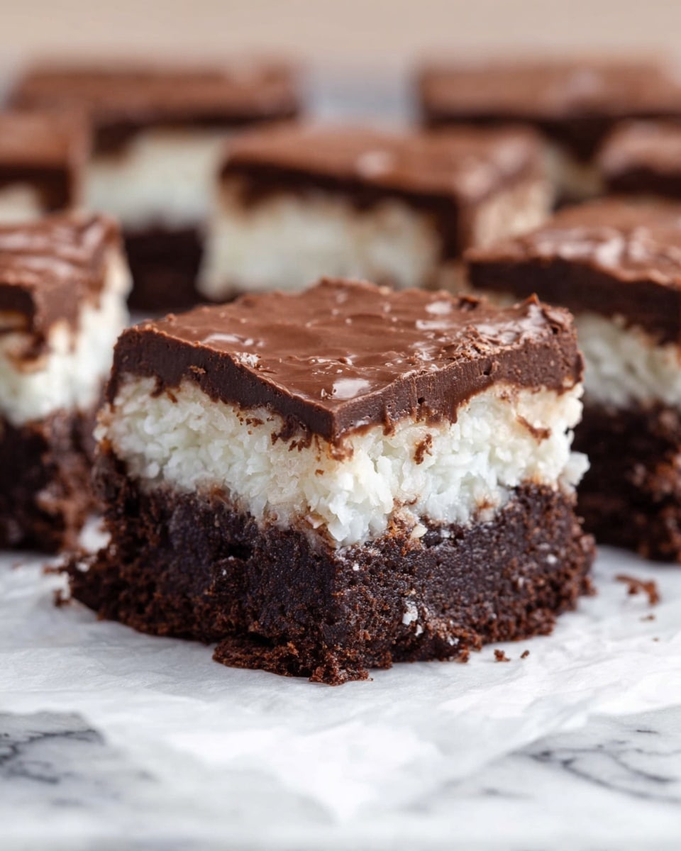The image shows several square pieces of dessert with three clear layers. The bottom layer is dark brown, rough and dense looking, made of chocolate brownie with visible small bits in it. The middle layer is white with a slightly textured and moist look, which appears to be a coconut filling. The top layer is thick and dark brown with a crackled, smooth chocolate surface. The pieces are placed on white parchment paper over a white marbled surface. The focus is on one central piece, with blurred similar pieces in the background. photo taken with an iphone --ar 4:5 --v 7