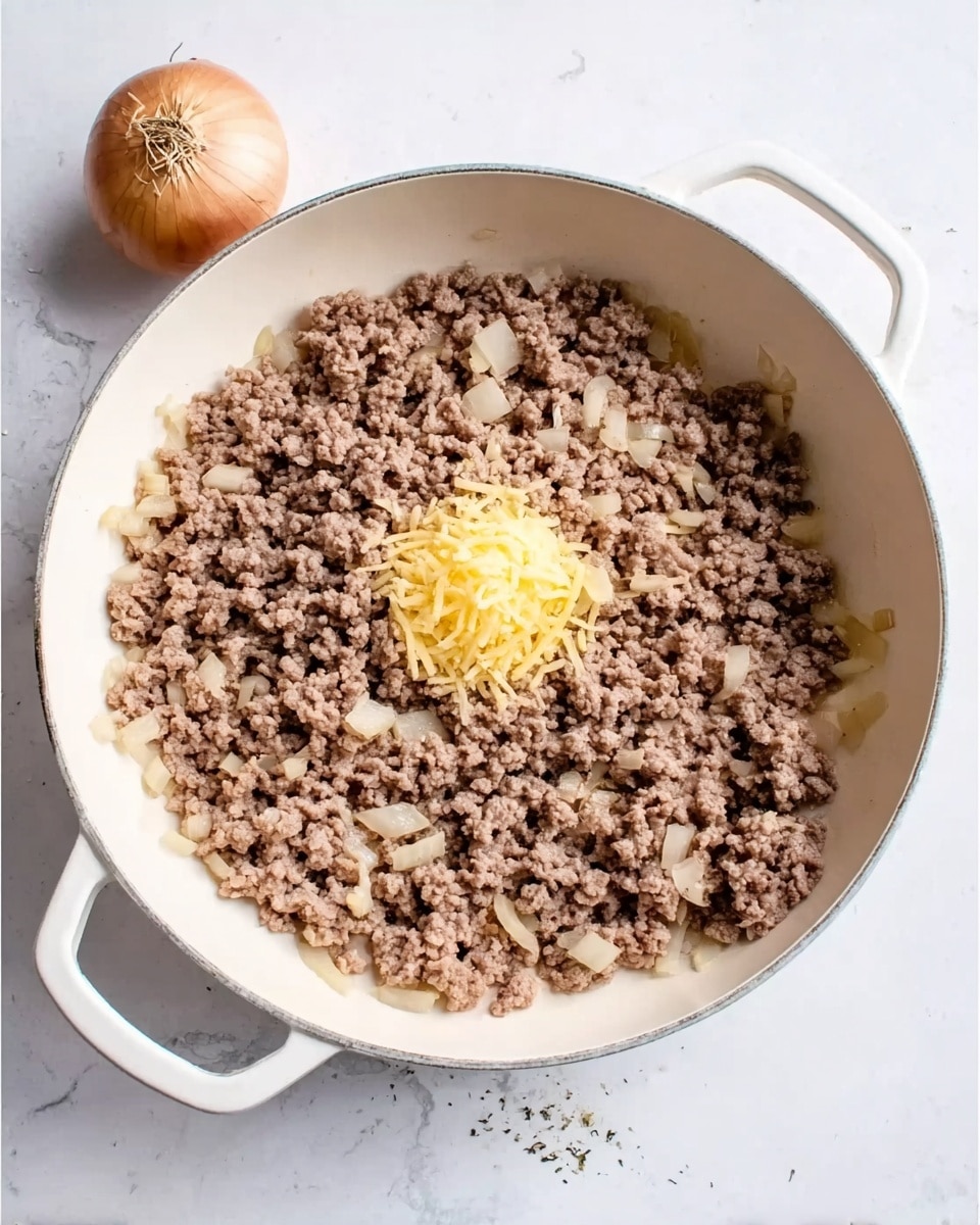 A white pan filled with cooked ground meat mixed with small pieces of light brown onions, forming one even layer covering the pan's base. In the middle, there is a small pile of finely grated yellow cheese resting on top of the meat. The pan handles are white, and the cooking surface underneath has a white marbled texture. An onion bulb is placed nearby on the surface. Photo taken with an iphone --ar 4:5 --v 7