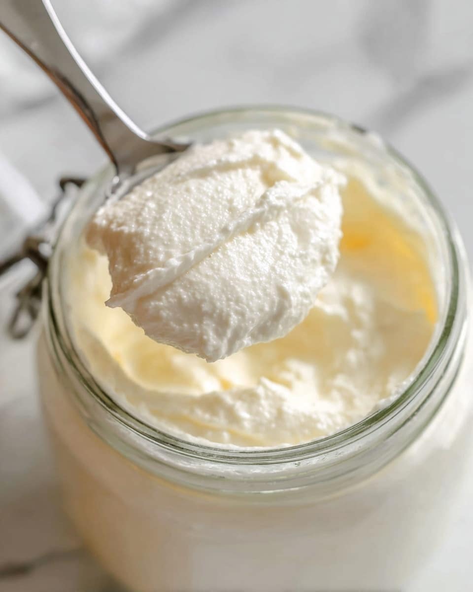 A close-up image showing a thick, creamy white mixture scooped with a metal spatula resting on the edge of a clear glass jar. The mixture has a smooth, slightly grainy texture and fills the jar almost to the top. The background features a white marbled surface, adding a clean and bright look to the scene. photo taken with an iphone --ar 4:5 --v 7