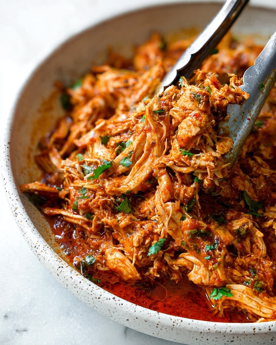 A close-up shot of shredded chicken mixed in a rich, red-orange sauce with visible pieces of green herbs scattered throughout. The chicken looks tender and moist, coated evenly by the sauce. It is served in a white plate with speckles, and two metal serving tongs are holding a portion of the chicken. The background shows a white marbled surface. The lighting highlights the texture and color of the dish, making it appear fresh and appetizing. photo taken with an iphone --ar 4:5 --v 7