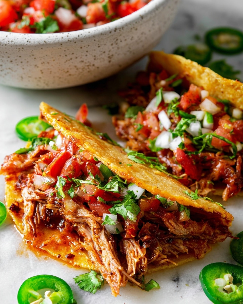 The image shows two tacos on a white marbled surface. Each taco has a golden-yellow crispy shell with a slightly oily texture. Inside, there are shredded reddish-brown cooked meat pieces, topped with red tomato chunks, white onion bits, and green cilantro leaves. Several green jalapeño slices are scattered around the tacos. In the background, there is a white bowl with a speckled texture, filled with a fresh salad of diced tomatoes, white onions, and green herbs. Photo taken with an iphone --ar 4:5 --v 7