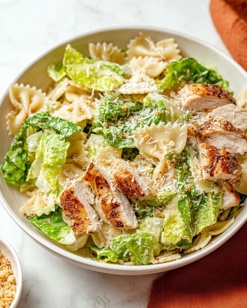 A white bowl filled with a layered salad starting with pale beige bowtie pasta at the base, mixed with bright green crisp lettuce leaves scattered throughout. Slices of grilled chicken with light golden brown edges and juicy white centers are spread evenly over the pasta and lettuce. The dish is topped with a fine sprinkle of shredded white cheese and light brown toasted crumbs, adding texture. The bowl sits on a white marbled surface with a soft orange cloth partially visible nearby. photo taken with an iphone --ar 4:5 --v 7