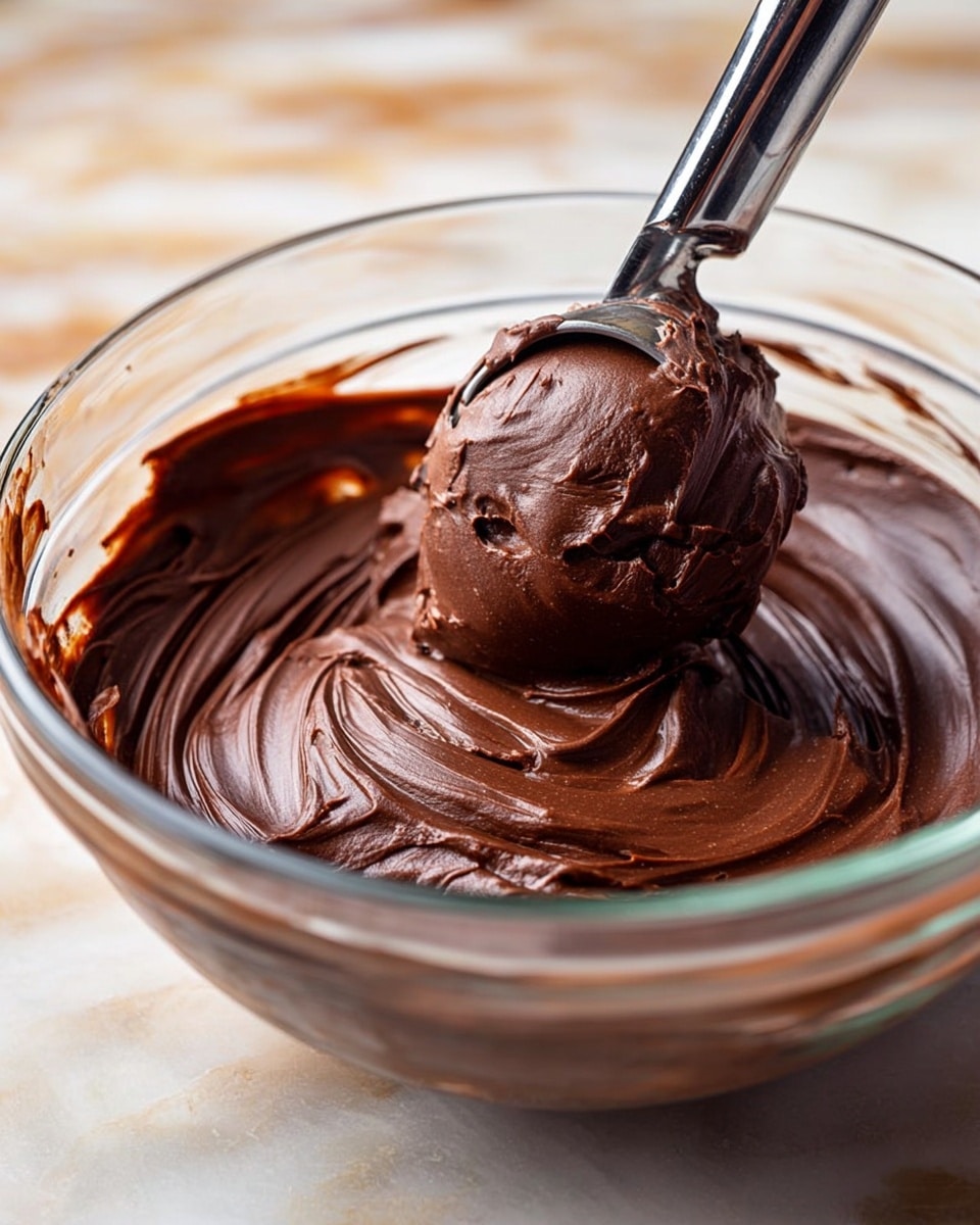 A close-up view of a clear glass bowl filled with a thick, smooth, dark brown chocolate mixture. The surface of the chocolate is creamy and shiny with visible swirls from stirring. A metal ice cream scoop holds a rounded portion of the chocolate mixture, hovering above the bowl. The bowl sits on a white marbled texture, and the background is softly blurred. Photo taken with an iphone --ar 4:5 --v 7